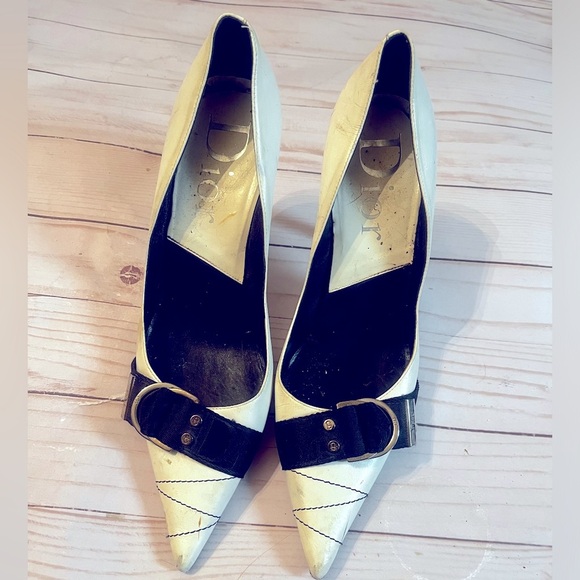 Dior Shoes 36 Logo Pumps Pointed High Heels White Silver Studs Charms Spellout - Picture 4 of 10